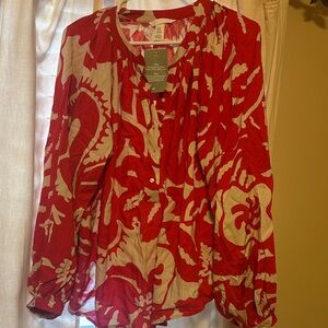 Red and White Floral Women's Top